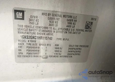 2017 GMC Yukon Xl Slt из США, поврежденный, VIN 1GKS2GKC1HR115740